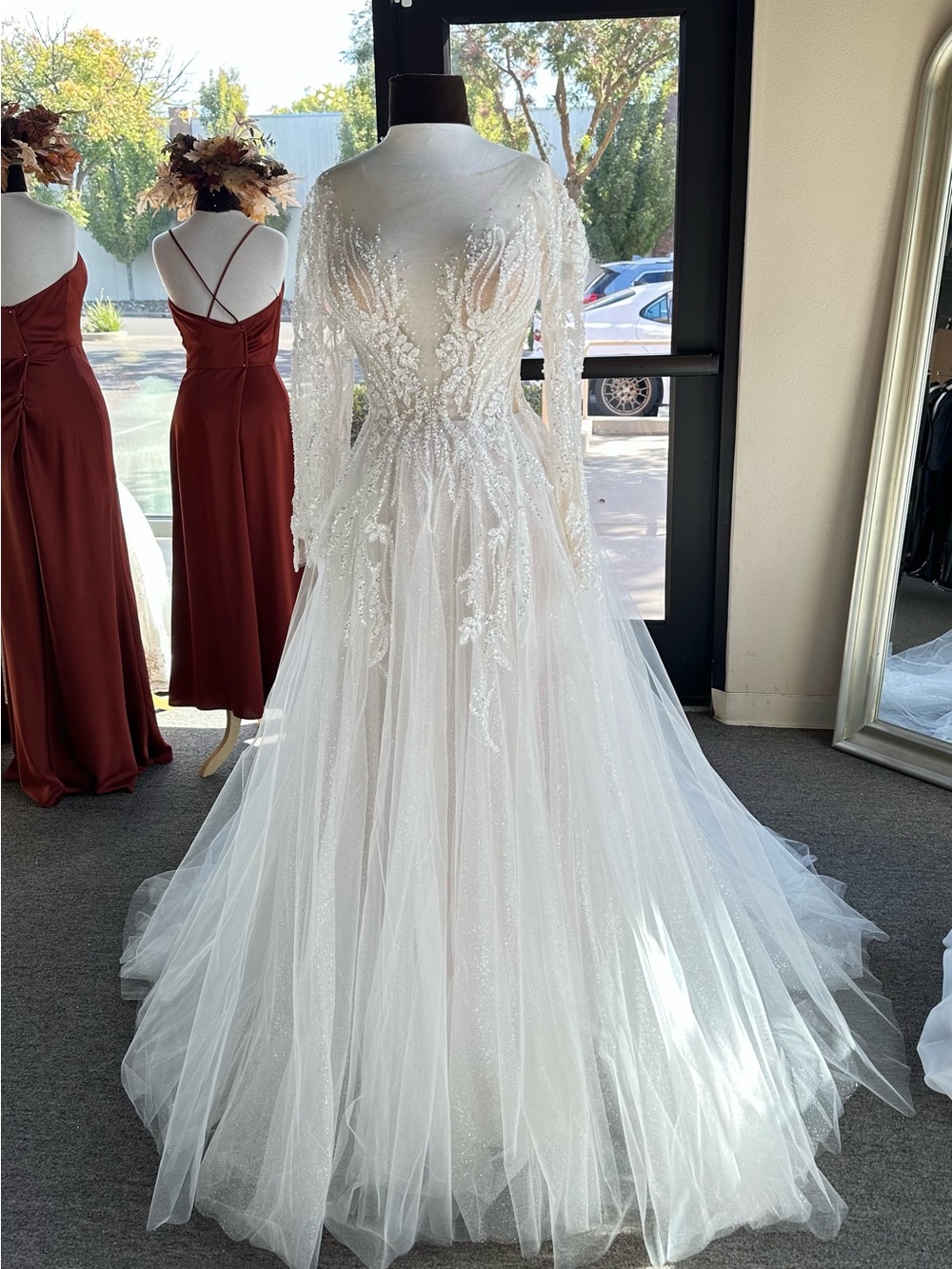 Shelli - Blue by Enzoani: Beaded A-line Illusion Neckline with a Slit